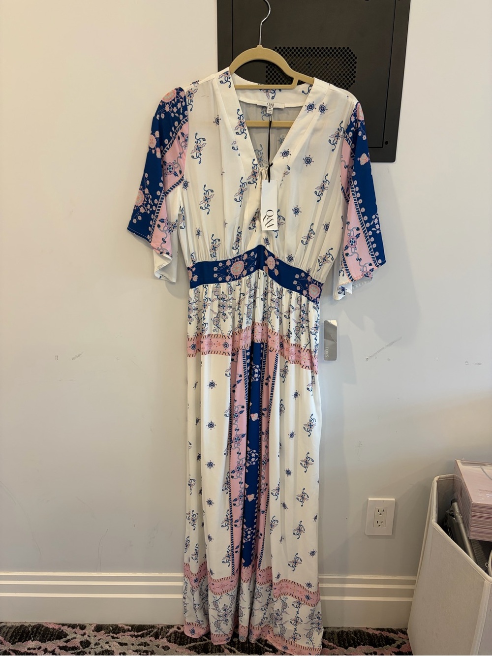 Boho Mixed-Print Maxi Dress in White, Blue & Pink